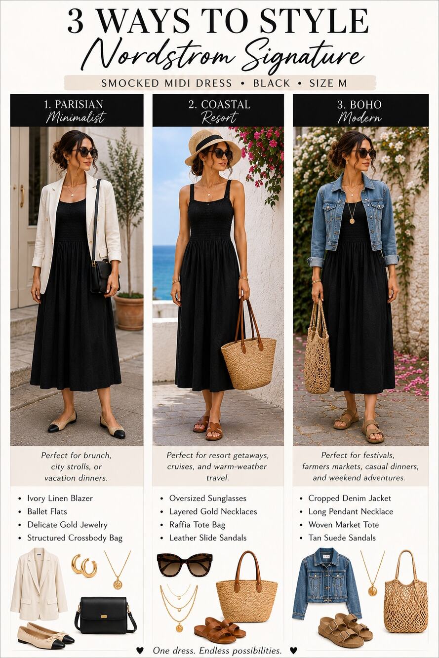 Nordstrom Signature Midi Dress Black Smocked SZM Sleeveless Summertime